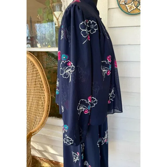 Vintage 70's MOD 2 Piece Dress Jacket Blue Pink Floral Size M Poly Knit - Picture 3 of 16
